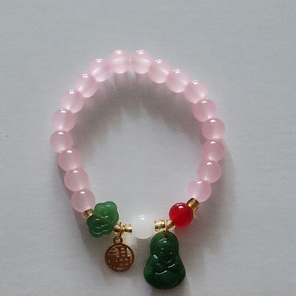 Pink and Green Beaded Bracelet with Charms